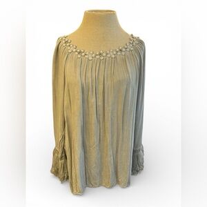 Tempo Paris Floral-Trim Long Sleeve Tunic - Slate Grey Boho Festival Wear